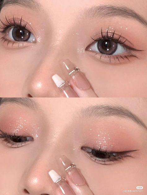 Asian Prom Makeup, Sparkly Eye Makeup, Angel Makeup, Sparkly Makeup, Douyin Makeup, Cute Eye Makeup, Doll Eye Makeup, Korean Eye Makeup, Swag Makeup