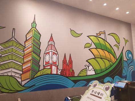 this mural was found on the wall of a food shop, drawn with various popular global landmarks. This was to represent the many different types of dishes that the store sold, from all over the world. Our team fell in love with its graphic but effective design, as well as its simple colour scheme. Drawing inspiration from this, we hope to design our own mural with a similar vibrant theme. Environmental Graphic Design, Christian School, Simple Colors, Tea Shop, Food Shop, Colour Scheme, Fell In Love, Wall Mural, Drawing Inspiration