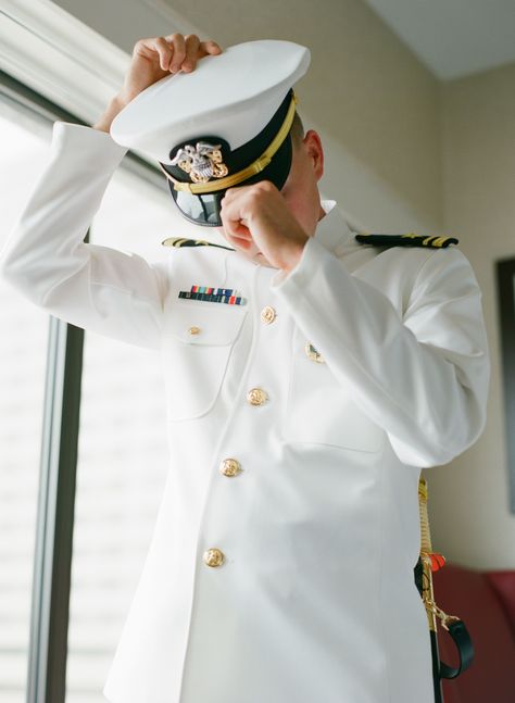 My groom getting ready in his US Navy dress whites for our wedding day. Navy White Uniform, Navy Dress Uniforms, Man In Uniform, Navy Uniform, Silver Cocktail Dress, Navy Uniforms, Merchant Navy, Plum Dress, Military Wedding