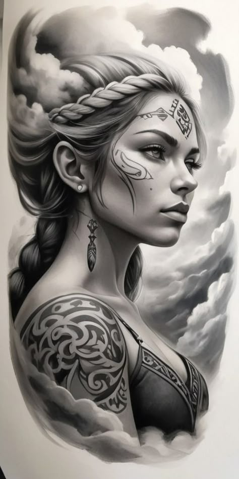 NORDIC VALQUIRIA TATTOO DESIGN Woman Warrior Tattoo Design, Woman Warrior Tattoo, Warrior Tattoo Design, Female Warrior Tattoo, Valkyrie Tattoo, Face Tattoos For Women, Girl Face Drawing, Greek Mythology Tattoos, Warrior Tattoos