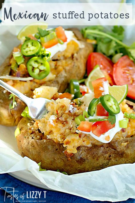 Loaded Mexican Potatoes, Taco Loaded Baked Potato, Mexican Stuffed Potatoes, Taco Stuffed Potatoes, Mexican Loaded Baked Potato, Stuffed Baked Potatoes In The Oven, Baked Potatoes Recipes, Baked Potato Dinner, Stuffed Baked Potato