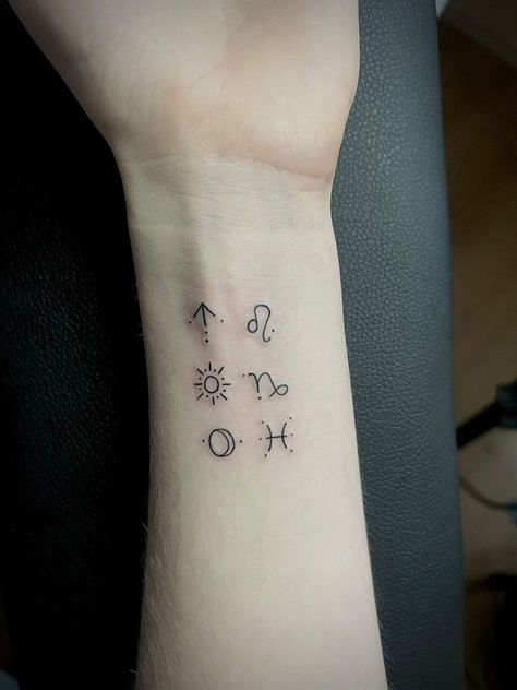 Big Three Astrology Tattoo Zodiac Sun Moon Rising Tattoo, Leo Sleeve Tattoo, Moon In Leo Tattoo, Rising Symbol Astrology, Astrology Sun Moon Rising Tattoo, Sun Moon Rising Sign Tattoo, Sun Rising Moon Sign Tattoo, Rising Sun Moon Tattoo, Sun Moon And Rising Sign Tattoo