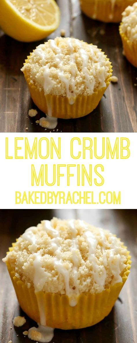 Moist and fluffy homemade lemon crumb muffins with a sweet lemon glaze. Recipe from @bakedbyrachel Lemon Crumb Muffins, Muffins Lemon, Lemon Glaze Recipe, Desserts Bars, Crumb Muffins, Streusel Muffins, Low Carb Muffins, Lemon Dessert, Lemon Muffins