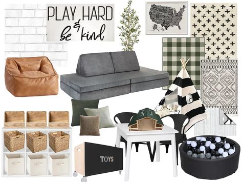 Playroom Modern Decor, Black And Wood Playroom, Playroom Farmhouse, Modern Farmhouse Playroom Ideas, Playroom Target, Modern Rustic Playroom, Black White And Green Playroom, Modern Playroom Design, Industrial Playroom