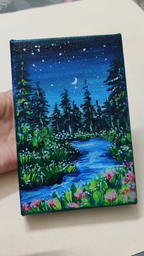 Acrylicpainting techniques beautiful scenery moon stars trees beautiful landscape painting Midnight Canvas Painting, 11x14 Painting Ideas, Mini Canvas Art Landscape, 12x24 Canvas Painting Ideas, 6x8 Canvas Painting Ideas, Scenery Paintings Acrylic, Cute Landscape Paintings, Canvas Painting Ideas Scenery, Night Painting Ideas On Canvas