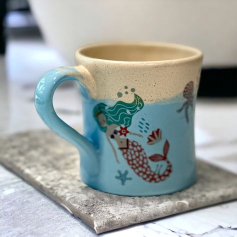 Handmade 20ounce mermaid mug Ceramic Mermaid Pottery, Hand Painted Mugs Society6, Mermaid Pottery Mug, Mermaid Coffee Mug, Ocean Scene Mug, Mermaid Mugs, Diy Mugs, Mermaid Tail, Pottery Painting