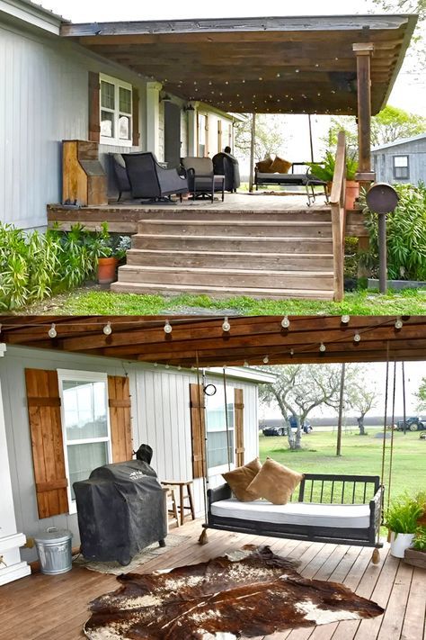 Check out these 10 incredible mobile home uncovered porch ideas that will take your outdoor space to the next level! These designs will inspire your porch transformation from cozy seating areas to stylish decor. Get ready to elevate your home! Small Porches For Mobile Homes, Back Porch Ideas Mobile Home, Outdoor Mobile Home Ideas, Diy Trailer Skirting Ideas, Tiny Home Porch Ideas, Mobile Home Covered Porch Ideas, Uncovered Porch Ideas, Mobile Home Outdoor Ideas, Mobile Home Decks And Porches