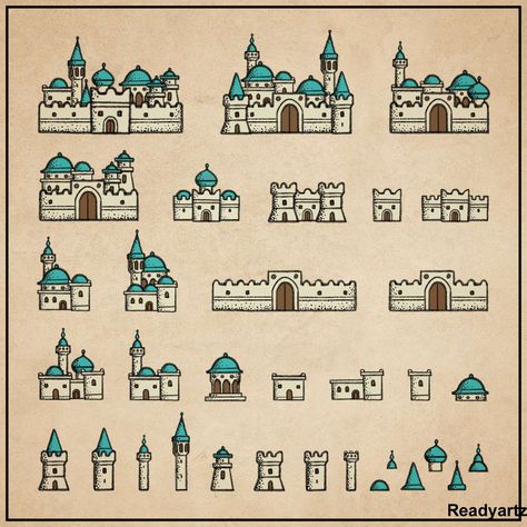 Fantasy Map Desert, Desert Settlement, Desert Map, Town Drawing, Map Sketch, Fantasy City Map, Fantasy Map Making, Map Symbols, Medieval Buildings