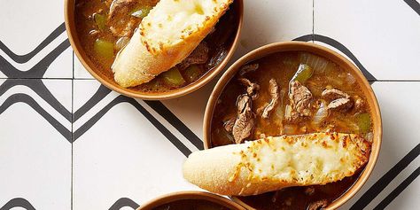 Cheese Steak Soup | Better Homes & Gardens Philly Cheesesteak Soup, Philly Cheese Steak Dip, Cheesesteak Soup, Pot Roast Sandwiches, Steak Soup, Quick Soup Recipes, Beef Flank Steak, Cheese Burger Soup Recipes, Comfort Soup Recipes