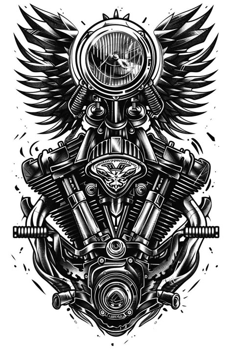 Harley Davidson Engine Tattoo, V Twin Engine Tattoo, Engine Tattoo Design, Motorcycle Engine Tattoo, Motorcycle Tattoo Ideas, Biker Tattoos Designs, Harley Davidson Tattoo, V Twin Engine, Black And White Tattoo Designs