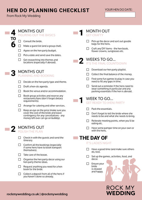 Hen Do Party Planning Checklist - Let's Go Girls! Bachelorette Trip Planning Checklist, How To Plan A Hen Do, Hen Party Checklist, Hen Do Planning Checklist, Hen Party Itinerary Ideas, Funny Hen Party Ideas, Bachelorette Planning Guide, Hen Ideas Classy, Hen Do Slumber Party