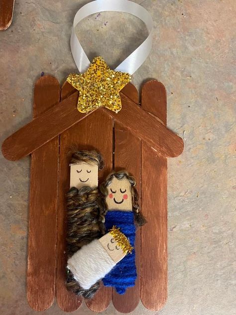 Making Ideas Craft, Christmas Crafts For Kids Nativity, Manger Popsicle Stick Craft, Manger Scene Craft For Kids, Christmas Kids Church Crafts, Popsicle Stick Nativity Craft, Kids Nativity Ornament Craft, Toddler Christmas Crafts Nativity, Popsicle Stick Manger Craft