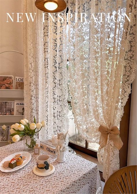 Rideaux Shabby Chic, Vintage Lace Curtains, French Curtains, Living/dining Room, Tulle Curtains, Vintage Curtains, Window Dressing, Lace Curtains, Diy Curtains