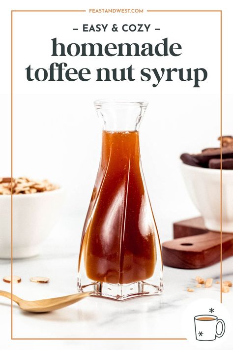 Toffee nut syrup is sweet, nutty and oh-so-dreamy. Make it fresh and use in all your favorite coffee drinks. Toffee Simple Syrup, Summer Coffee Syrups, English Toffee Syrup Recipe, Toffee Nut Starbucks Iced Coffee, Toffee Syrup Recipe, Toffee Nut Syrup Recipe, Starbucks Toffee Nut Syrup, Diy Toffee, Homemade Syrups