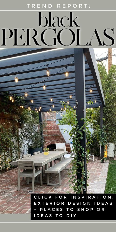 Make a bold design decision with a black pergola. The best exterior design inspiration to add cozy and moody tones to your deck or patio. Black Painted Pergola Ideas, Black Pergola On Deck, Modern Deck Pergola, Aluminum Pergola On Deck, Dark Pergola Ideas, Back Pergola Ideas, Black Metal Pergola Ideas, Black Stained Pergola, Black Wooden Pergola