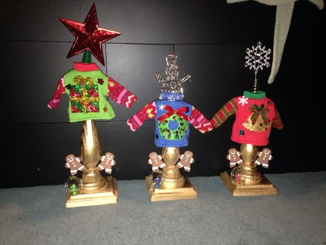 Ugly Sweater Trophies Ugly Christmas Sweater Trophy Diy, Ugly Sweater Prizes, Ugly Sweater Trophy Diy, Christmas Trophy Ideas, Repurposed Trophies, Ugly Sweater Contest Prizes, Ugly Sweater Christmas Party Ideas, Ugly Christmas Sweater Awards, Diy Trophies