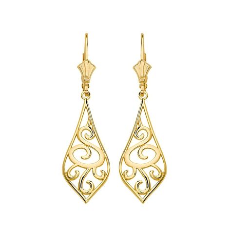 Solid 10k Yellow Gold Filigree Rattan & Leaf Design Dangle Earrings (1.42) Rose Gold Art, Yellow Gold Drop Earrings, Platinum Bracelet, Gold Earrings For Women, Filigree Earrings, Women Earrings, Sterling Silver Filigree, Leverback Earrings, Special Jewelry