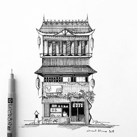 Japanese House Drawing Sketches, Pen Art Buildings Architectural Sketches, Japanese Architecture Painting, Drawing Japanese House, Japanese Houses Drawings, Japanese Building Sketch, Japan Building Drawing, Japanese Building Art, Pen Building Drawing