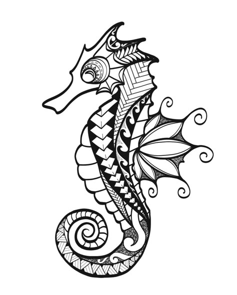 Black And White Seahorse Tattoo, Polynesian Seahorse Tattoo, Seahorse Drawing Tattoo, Seahorse Line Drawing, Seahorse Zentangle, Ocean Creatures Tattoo, Ocean Line Drawing, Seahorse Doodle, Tattoo Seahorse