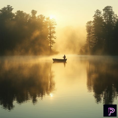 Experience the tranquility of a misty morning lake, where a lone fisherman casts his line under the golden light of dawn. 🌅🌫️   What serene reflection will your art capture today?   #AI #Art #PicassoAIArt #AnalogArt #MorningReflection #Nature Nature Forms, Misty Dawn, Lake Photography, Misty Morning, Golden Light, Golden Lights, Gold Work, Mountain Lake, Landscape Photos