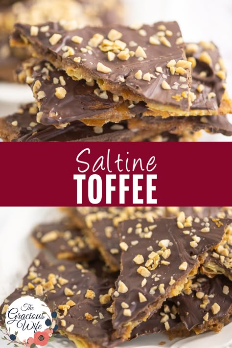 Saltine Toffee is a delicious and easy-to-make treat that combines the perfect balance of salty and sweet flavors, with crispy salty crackers, buttery toffee, and rich chocolate. Learn how to make this addictive dessert in just a few simple steps for a perfect addition to cookie or candy trays or a frugal DIY gift. Toffee Bark Saltine, Heath Bars With Saltines, Cracker Toffee Recipe Saltine Christmas, Saltine Crackers Toffee, Saltine Toffee Bark, Saltine Toffee Recipe, Toffee Crackers Saltine, Cracker Toffee Recipe Saltine, Saltine Cracker Dessert