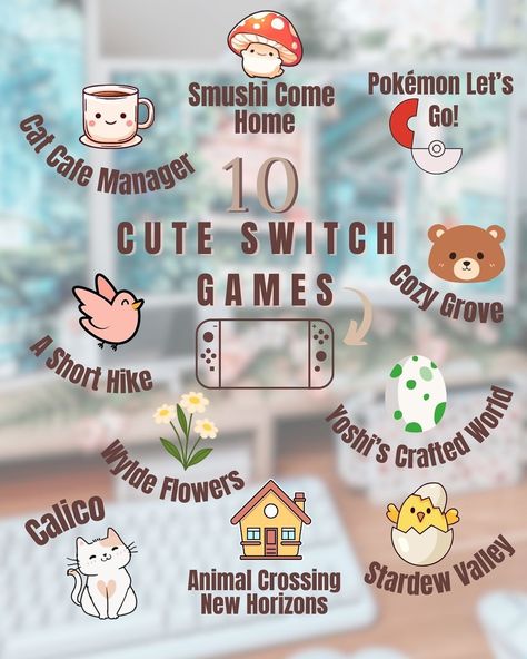 10 Cute Nintendo Switch Games to start with cozy gaming. 🥰🎮 Here is a list of cute & cozy games to play on Nintendo Switch for a cozy evening. ✨ - Cat Cafe Manager - Smushing Come Home - Pokémon Let’s Go! - A Short Hike - Wylde Flowers - Cozy Grove - Animal Crossing: New Horizons - Stardew Valley - Yoshi‘s Crafted World - Calico Have you played any of these so far? 😊🎮 #nintendoswitch #nintendoswitchlite #cozygaming #cozygames #cozygamingcommunity #cozygamingsetup #gaming #videogames Lemon Cake Nintendo Switch, Cat Cafe Manager Game, Cute Nintendo Switch Aesthetic, Gaming Must Haves, Cozy Words Aesthetic, Cozy Must Haves, Cosy Games Switch, Aesthetic Nintendo Switch Games, Free Games On Nintendo Switch