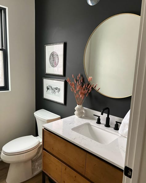 Real Sherwin-Williams Iron Ore Iron Ore Accent Wall Bathroom, Urbane Bronze Half Bath, Iron Ore In Bathroom, Iron Ore Small Bathroom, Dark Guest Bathroom Ideas, Iron Ore Sherwin Williams Bathroom, Urbane Bronze Powder Room, Agreeable Gray Sherwin Williams Bathroom, Iron Ore Bathroom Vanity