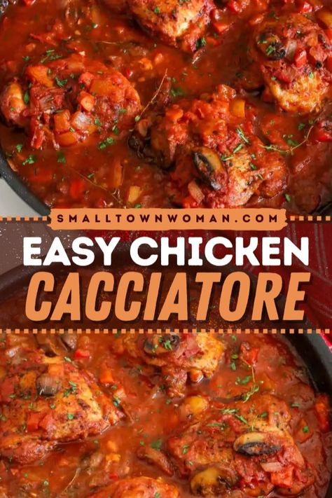 Here's a healthy dinner option! This tasty Chicken Cacciatore recipe is a rustic Italian dish of golden brown chicken thighs. It is seasoned with tomato sauce, bell peppers, onions, mushrooms, and garlic. Make this hearty dish for a quick weeknight dinner! Chicken Thigh Recipes With Tomatoes, Crockpot Chicken Cacciatore Slow Cooker, Chicken Cachetori Recipe, Pork Cacciatore Recipe, Chicken Cacciatore Recipe Easy, Chicken Cacciatore Crock Pot, Chicken Catchatori Recipe, Chicken Cattitore Recipes, Baked Chicken Cacciatore