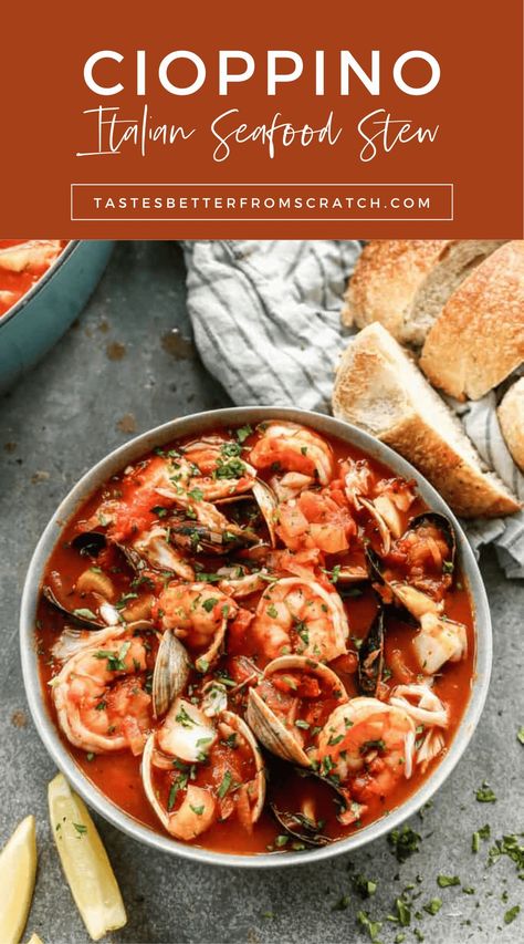 This easy Cioppino recipe is a classic Italian seafood stew, full of fresh flavors and simple ingredients. It’s the best dish for seafood lovers, combining fish, shrimp, and clams in a flavorful broth. Perfect for a cozy night in or a special dinner. Try this easy seafood soup today and enjoy a taste of Italy! Click to get the recipe now! Cioppino Recipe Easy, Easy Cioppino, Italian Fish Stew, Italian Seafood Stew, Seafood Cioppino, Mixed Seafood Recipe, Cioppino Recipe, Seafood Stew Recipes, Fish Stew Recipes