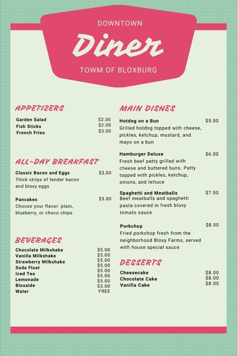 (!!!SWIPE TO SEE THE MENUS CLEARLY) Use these menu decals for your bloxburg diner! I added descriptions for some parts of the menu for more fun and realism (: ENJOY! Always feel free to request! #roblox #bloxburg #bloxburgdecals #decals #bloxburgrestaurant #bloxburgmenu #bloxburgdiner #robloxdecals Bloxburg Diner, Cafe Decals, Bloxburg Restaurant, Bloxburg Mall, Cafe Decal, Blocksburg Ideas, City Bloxburg, Resturant Menu, Decals For Bloxburg