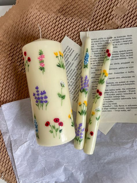 Buy Set of 3 Painted Candle, Floral Painted Pillar Candle , Floral Candle, Painted Taper Candles, Wedding Candles, Pillar Candle Online in India - Etsy Decoupage Candles Taper, Painted Taper Candles, Taper Candles Wedding, Candle Painting, Big Candles, Hand Painted Candles, Candles Wedding, Floral Candle, Painted Candles