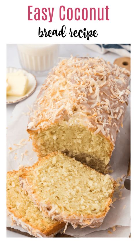 This easy coconut bread recipe is bursting with coconut flavor! This bread is made with coconut milk, sweetened coconut flakes, and topped with a coconut glaze and toasted, shredded coconut. Easy Coconut Bread Recipe, Coconut Recipes Easy, Coconut Milk Recipes Dessert, Coconut Flakes Recipe, Caribbean Desserts, Coconut Quick Bread, Lace Cookies Recipe, Coconut Glaze, Coconut Bread Recipe