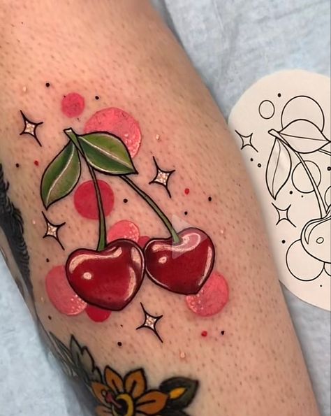 Cute Colored Tattoos, Traditional Cherry Tattoo, Chung Li, Aesthetic Tattoo Ideas, Cherry Tattoo, 15 Aesthetic, Cherry Tattoos, Petit Tattoo, Gorgeous Tattoos