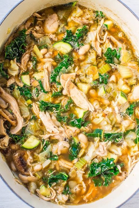 30-Minute Chicken Kale Soup Recipe - Averie Cooks Bean And Chicken Soup, Kale White Bean, Chicken Healthy, Kale Soup, White Bean, Healthy Soup Recipes, Juicy Chicken, Full Meal Recipes, Healthy Soup