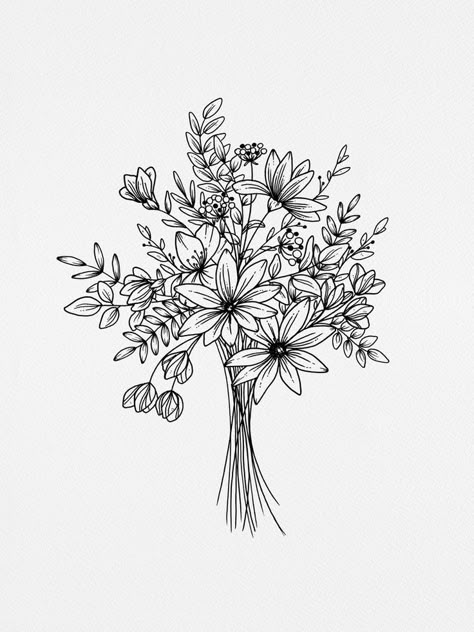 Flower Drawing Bouquet, Drawing Bouquet, Bouquet Drawing, Flower Bouquet Drawing, Flower Bouquet Tattoo, Wildflower Drawing, Modern Florals, Flower Boquet, Bouquet Art