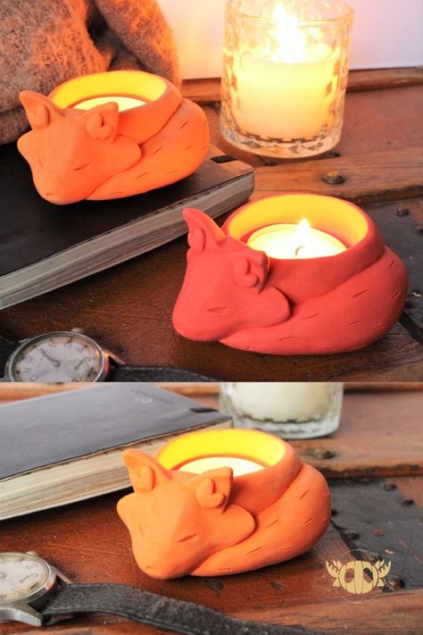 Clay Fox, Clay Candle Holders, Fire Candle, Clay Candle, Fox Gift, Diy Candle Holders, Cute Candles, Diy Holder, Small Sculptures