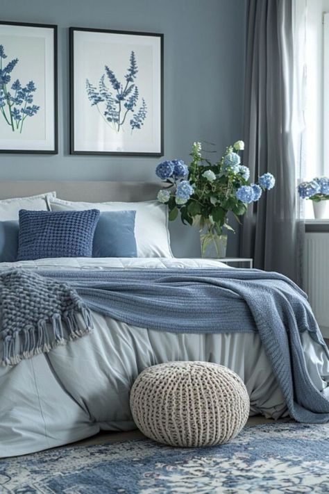 Light Blue Bedroom, Blue Gray Bedroom, Blue Bedroom Walls, Minimalist Bedroom Decor, Blue Bedroom Decor, Woman Bedroom, Gray Bedroom, Bedroom Refresh, Small Room Bedroom