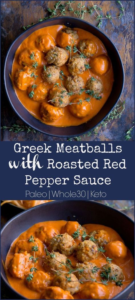 Greek Turkey Meatballs, Mediterranean Diet Recipes Dinners, Turkey Meatballs Baked, Greek Meatballs, Roasted Red Pepper Sauce, Easy Mediterranean Diet Recipes, Diner Recept, Red Pepper Sauce, Baked Turkey