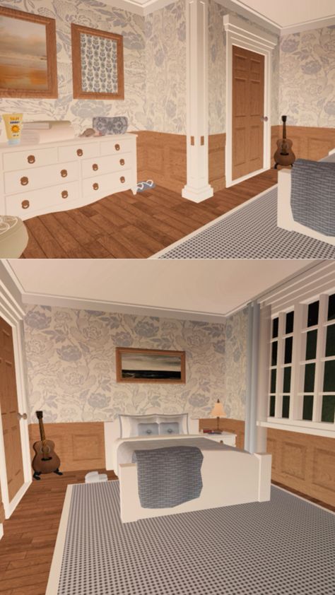 A bloxburg coastal grandaughter bedroom with floral, blue and beach vibes. Coastal Beach House Interiors, Beach House Layout, Costal Bedroom, Bloxburg Beach House, Beach House Flooring, Beach House Room, Blocksburg Room Ideas￼, Beach House Bedroom, House Decorating Ideas Apartments