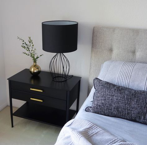 Black Side Table Bedroom, Bougie Bedroom, Minimal Modern Bedroom, Dark Minimalist Bedroom, Bedroom Side Table Ideas, Greige Bedroom, West Elm Nightstand, Bedding Target, Bedroom Lamps Nightstand