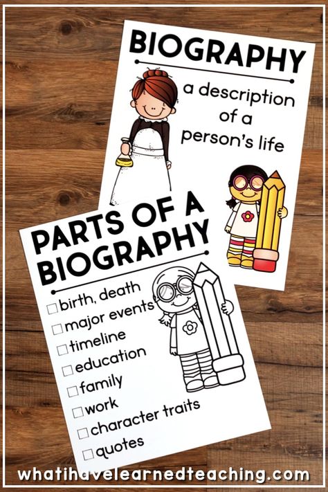 This Biography Report that can be used for any historical person.  It is great for a social studies biography unit or reading informational writing and research unit. It includes five different report options, lap book, interactive notebook, and construction paper person. Each option has a variety of pages from which to pick and choose. #biographyreport #socialstudies #secondgradesocialstudies #thirdgradesocialstudies #biographies #elementarybiography #elementarysocialstudies Second Grade Biography Project, Biography Anchor Chart 2nd, 2nd Grade Biography Project Ideas, Biography Book Report Projects, Biography Anchor Chart, Biographies Anchor Chart, Biography Project Elementary, Biography Report Template, Biography Lesson