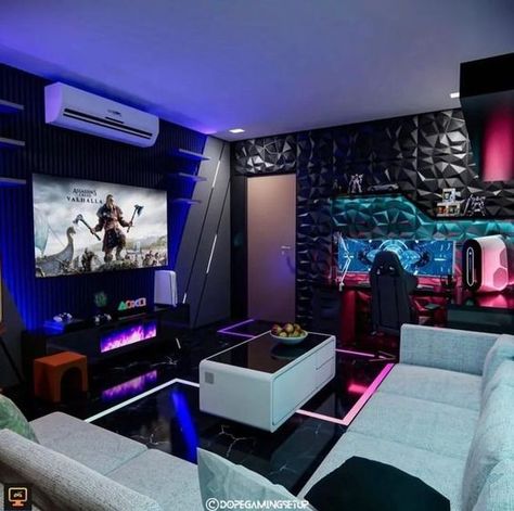 Gaming Den Ideas, Teal Gaming Setup, Men’s Game Room, Big Gaming Room, Game Room Design Man Caves, Gaming Room Wallpaper, Luxury Gaming Room, Modern Gaming Room, Game Room Layout