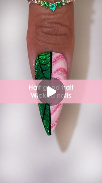 Daily Charme Official on Instagram: "POV: You found the coolest Half Good Half Wicked Cat Eye x Chrome x Holo Twinkle Nails 💖💚🩷 Are you Team GOOD or WICKED? Vote in the poll below 👇 Comment “WICKED” for the direct link to everything you need to recreate this look! 🔗

💚 Don’t forget to save this for inspo & tag your nail besties! 🧙‍♀️✨

Using @daily_charme: 
💖 S30 Angel Quartz
🩷 305 Sweet Dreams
💖 H37 Pink Paradise
💚 710 Classic Green
💚 3-in-1 Emerald Green Magnetic Chrome
💚 5-in-1 Strengthening Gel
💖 Strong Cat Eye Magnetic Cylinder
🩷 Diamond Shine Top Coat
💖 08 Oval Brush 
💚 Soft Silicone Nail Art Applicator
💚 Art Liner Brush
💚 Long Stiletto Clear Charme Gel Extension Tips

#chromenails #cateyenails #holonails #naildesigns #wickednails #diynails #fallnails #glitternails Wicked Nail Color Designs, Wicked Movie Nail Art, Wicked The Musical Nails, Wicked Musical Inspired Nails, Wicked Musical Nail Designs, Wicked Nails Designs, Wicked Movie Nails, Wicked Nail Art, Wicked Themed Nails