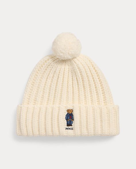 Polo Bear Rib Pom-Pom Beanie Ralph Lauren Polo Bear, Designer Ralph Lauren, Pom Pom Beanie Hat, Yarn Pom Pom, Beanie Hats For Women, Polo Bear, Ralph Lauren Outfits, Knit Beanie Hat, Pom Pom Hat