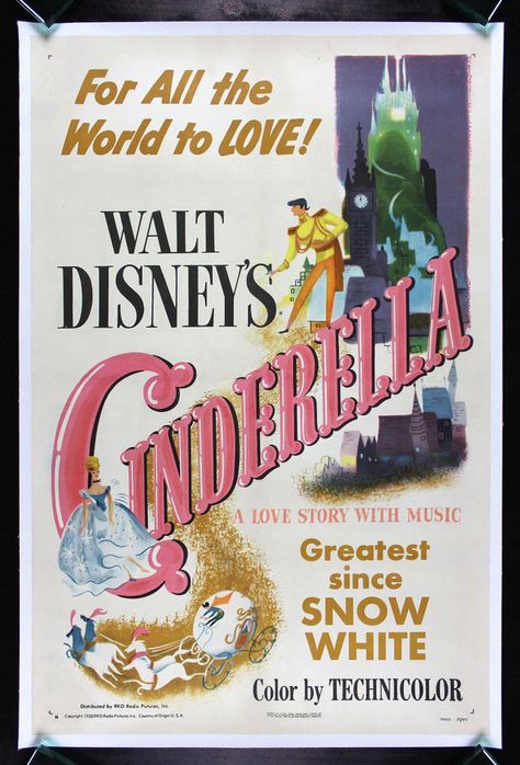 Original Vintage 1950 Cinderella Movie Poster, $1,595 Cinderella Movie Poster, Vintage Disney Posters, Movies Wallpaper, Disney Poster, Vintage Films, Animated Movie Posters, Disney Movie Posters, Cinderella Movie, Animation Disney