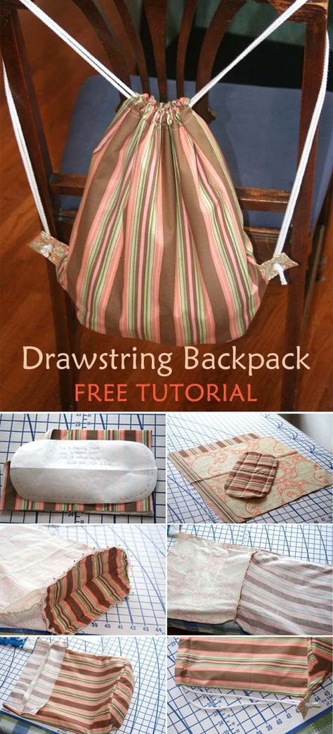 Drawstring Backpack Tutorial, Drawstring Backpack Pattern, Make A Drawstring Bag, Diy Rucksack, Diy Backpack Pattern, Drawstring Bag Diy, Drawstring Bag Tutorials, Backpack Tutorial, Backpack Sewing