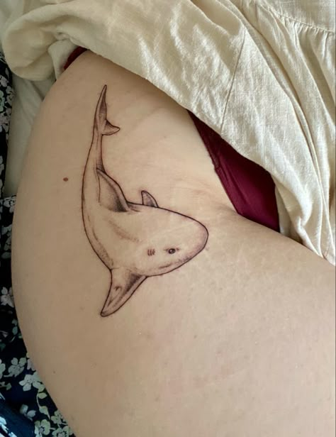 shark on my hip Hip Tattoo Animal, Shark Tattoo Hip, Animal Hip Tattoo, Shark Forearm Tattoo, Shark Hip Tattoo, Cute Lil Tattoos, Lil Tattoos, Watercolour Tattoos, Whale Tattoo