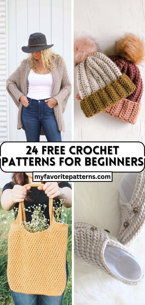 24 Free and Easy Crochet Patterns for Beginners Best Crochet Projects For Beginners, Crochet Idea Patterns, Clothing Items To Crochet, Free Crochet Projects Ideas, Easy Crochet Hats For Beginners Simple, Quick Easy Crochet Patterns, Mindless Crochet Projects, Beginning Crochet Patterns, Crochet 1 Skein Projects