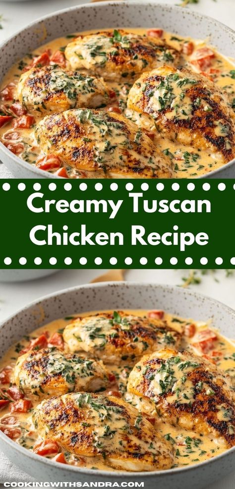 Looking for a flavorful dinner idea? This Creamy Tuscan Chicken recipe is a delightful blend of sun-dried tomatoes and spinach, creating a delicious dish that’s quick to prepare and perfect for family dinners. Tuscan Chicken With Spinach, Easy Chicken Breast Dinner, Dinner Party Chicken, Chicken Spinach Recipes, Chicken Recipes With Tomatoes, Creamy Tuscan Chicken Recipe, Tuscan Chicken Recipe, Creamy Spinach Chicken, Tuscan Food