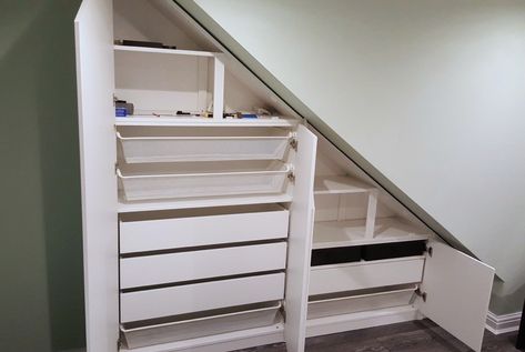 Ikea Closets, Under The Stairs Storage, Loft Wardrobe, Wardrobe Ikea, Ikea Loft, Attic Bedroom Storage, Eaves Storage, Attic Wardrobe, Pax Closet